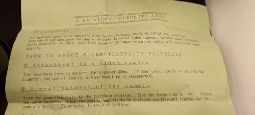 Marumi IVP 35 teleconversion lens -3,5X Video Telephoto Lens -Lens Mount 46mm