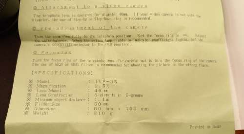 Marumi IVP 35 teleconversion lens -3,5X Video Telephoto Lens -Lens Mount 46mm