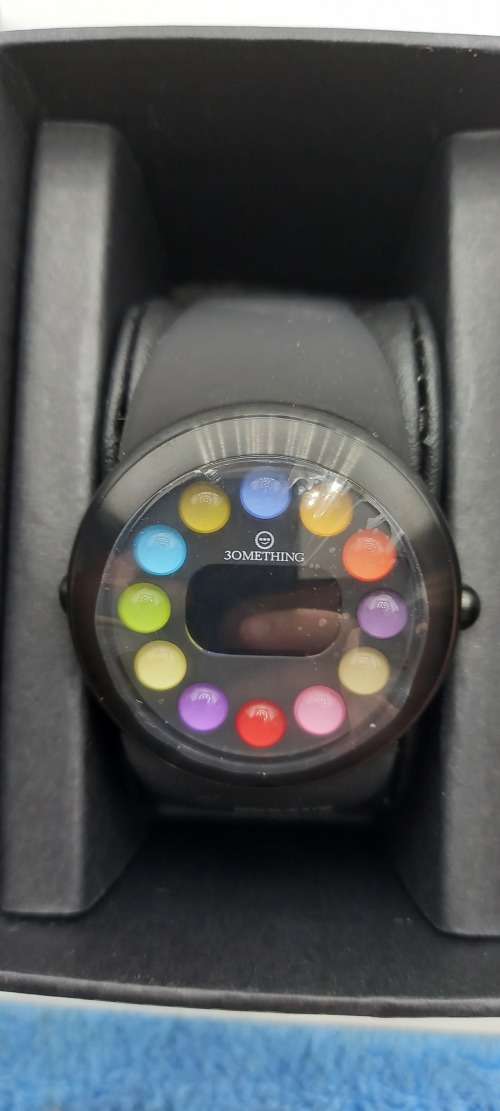 Unused (New) ZERONE Crossover 30METHING "dot dot dot" IP Black with 12 Colored Spheres Digital Watch