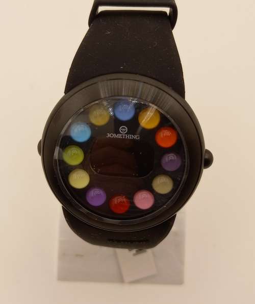 Unused (New) ZERONE Crossover 30METHING "dot dot dot" IP Black with 12 Colored Spheres Digital Watch