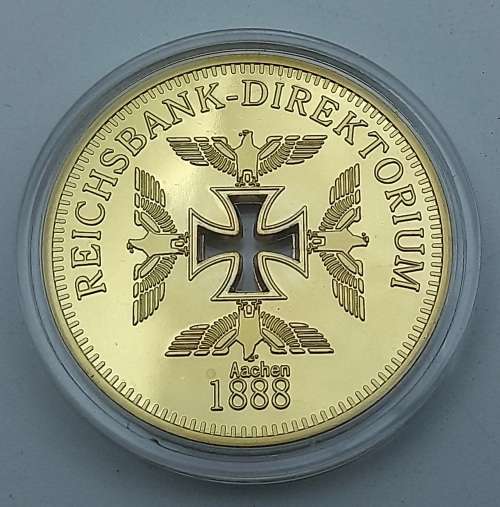 Rare Collectable 24k Gold Plated  1888 Nazi Eagle + Iron Cross Coin Reichsbank Germany in Capsule