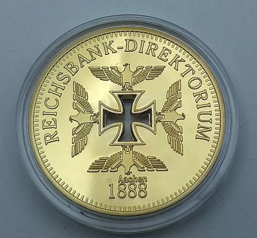 Rare Collectable 24k Gold Plated  1888 Nazi Eagle + Iron Cross Coin Reichsbank Germany in Capsule