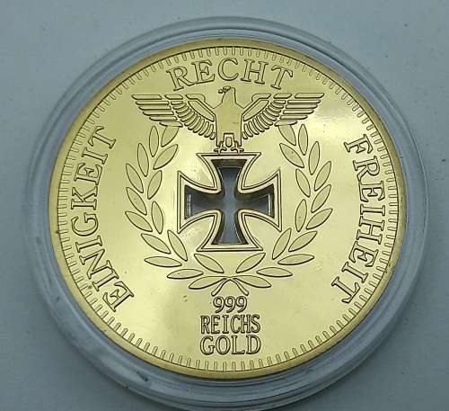 Rare Collectable 24k Gold Plated  1888 Nazi Eagle + Iron Cross Coin Reichsbank Germany in Capsule