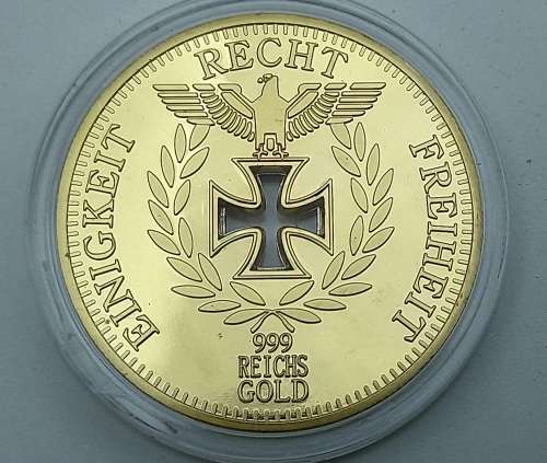 Rare Collectable 24k Gold Plated  1888 Nazi Eagle + Iron Cross Coin Reichsbank Germany in Capsule