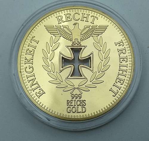 Rare Collectable 24k Gold Plated  1888 Nazi Eagle + Iron Cross Coin Reichsbank Germany in Capsule