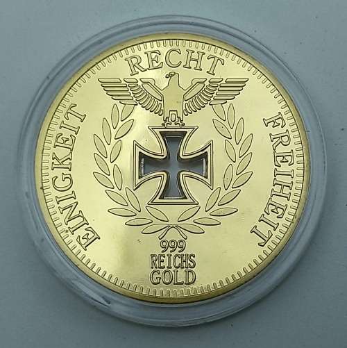 Rare Collectable 24k Gold Plated  1888 Nazi Eagle + Iron Cross Coin Reichsbank Germany in Capsule