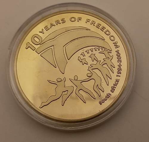 Nelson Mandela South Africa 10 years of freedom 1994-2004 Gold plated coin in capsule