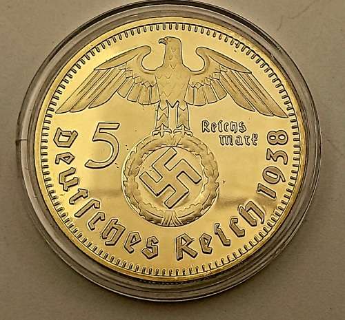 1938 German Paul Von 5 Reich 24k Gold plated Collector Coin in capsule