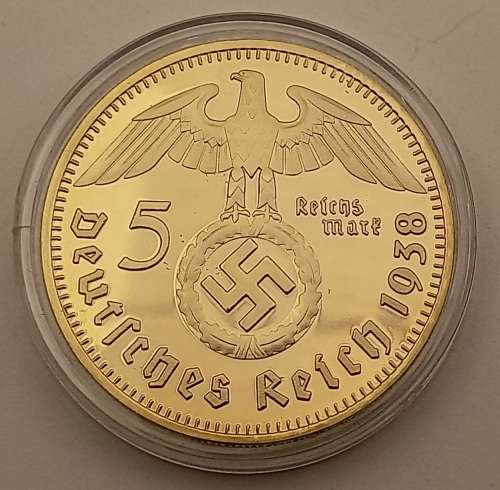 1938 German Paul Von 5 Reich 24k Gold plated Collector Coin in capsule