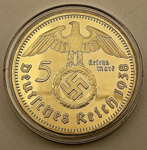 1938 German Paul Von 5 Reich 24k Gold plated Collector Coin in capsule