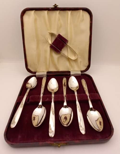 6 Vintage-Angora Silver plated EPNS Tea Spoons and Sugar Tongs in Original box Made in England