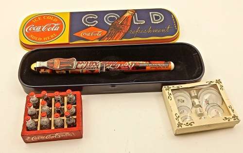 Coca Cola Pen In Tin+ Vintage Mini Coca Cola Crate 47mmx38mm with 12 Bottles + Mini Tea set