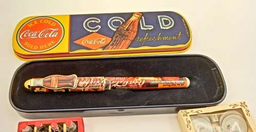 Coca Cola Pen In Tin+ Vintage Mini Coca Cola Crate 47mmx38mm with 12 Bottles + Mini Tea set