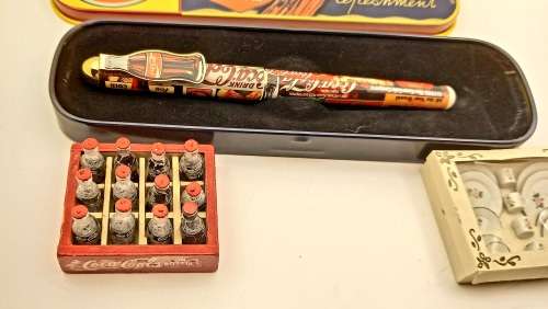 Coca Cola Pen In Tin+ Vintage Mini Coca Cola Crate 47mmx38mm with 12 Bottles + Mini Tea set