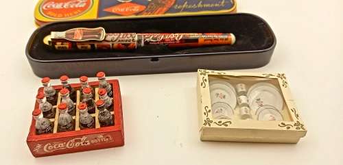 Coca Cola Pen In Tin+ Vintage Mini Coca Cola Crate 47mmx38mm with 12 Bottles + Mini Tea set
