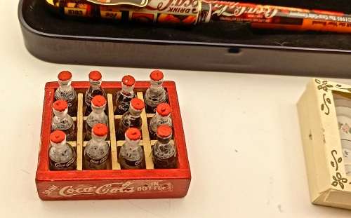 Coca Cola Pen In Tin+ Vintage Mini Coca Cola Crate 47mmx38mm with 12 Bottles + Mini Tea set
