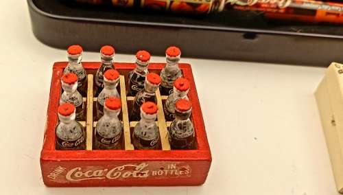 Coca Cola Pen In Tin+ Vintage Mini Coca Cola Crate 47mmx38mm with 12 Bottles + Mini Tea set