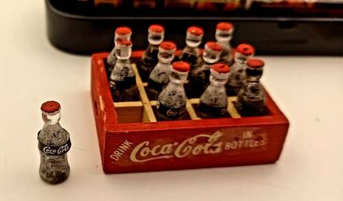 Coca Cola Pen In Tin+ Vintage Mini Coca Cola Crate 47mmx38mm with 12 Bottles + Mini Tea set