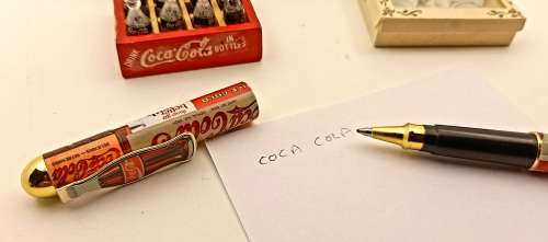 Coca Cola Pen In Tin+ Vintage Mini Coca Cola Crate 47mmx38mm with 12 Bottles + Mini Tea set