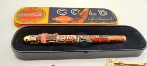 Coca Cola Pen In Tin+ Vintage Mini Coca Cola Crate 47mmx38mm with 12 Bottles + Mini Tea set