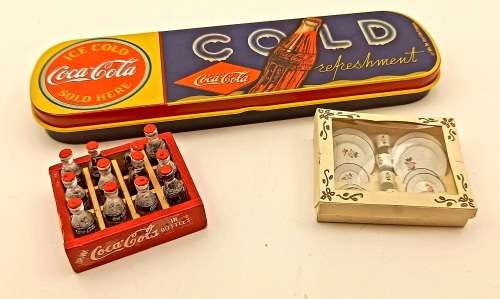 Coca Cola Pen In Tin+ Vintage Mini Coca Cola Crate 47mmx38mm with 12 Bottles + Mini Tea set