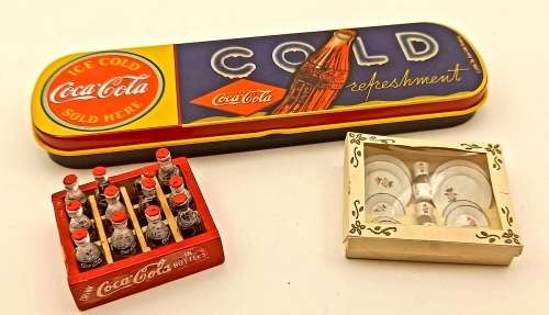 Coca Cola Pen In Tin+ Vintage Mini Coca Cola Crate 47mmx38mm with 12 Bottles + Mini Tea set