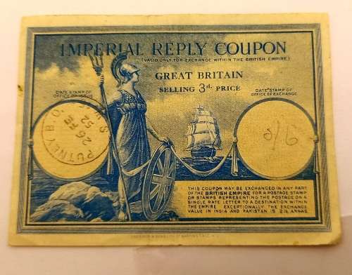 1952 Great Britain 3d International reply coupon