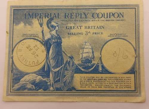 1952 Great Britain 3d International reply coupon