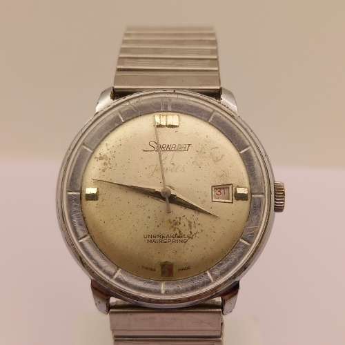 Vintage SORNADAT Swiss made Mens Mechanical watch 21 Jewels- Unbreakable Main Spring -Runs then stop