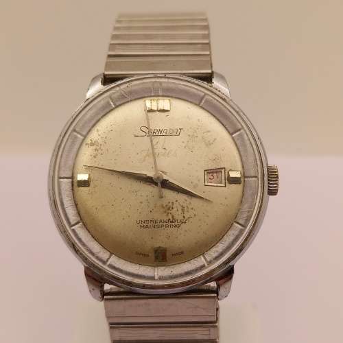 Vintage SORNADAT Swiss made Mens Mechanical watch 21 Jewels- Unbreakable Main Spring -Runs then stop