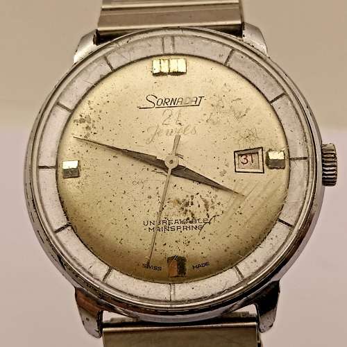 Vintage SORNADAT Swiss made Mens Mechanical watch 21 Jewels- Unbreakable Main Spring -Runs then stop