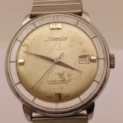 Vintage SORNADAT Swiss made Mens Mechanical watch 21 Jewels- Unbreakable Main Spring -Runs then stop
