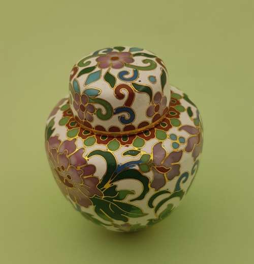 Vintage Miniature Cloisonne Chinese Enamel Gold Gilded Metal Ginger Jar -70x60mm
