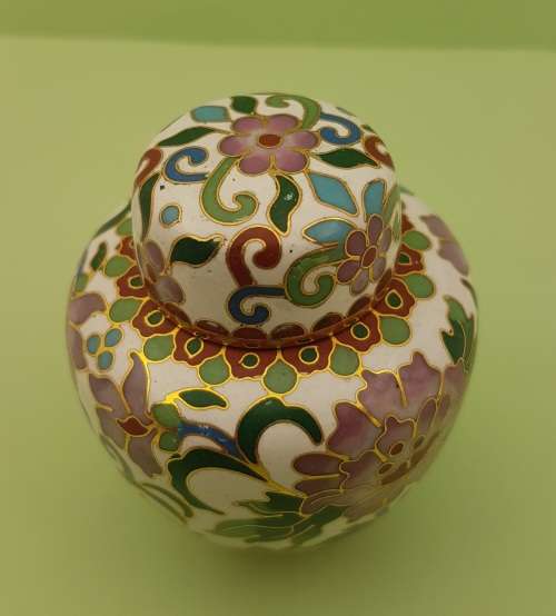 Vintage Miniature Cloisonne Chinese Enamel Gold Gilded Metal Ginger Jar -70x60mm