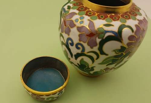 Vintage Miniature Cloisonne Chinese Enamel Gold Gilded Metal Ginger Jar -70x60mm