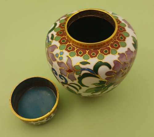 Vintage Miniature Cloisonne Chinese Enamel Gold Gilded Metal Ginger Jar -70x60mm