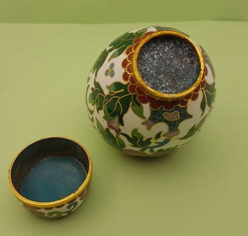 Vintage Miniature Cloisonne Chinese Enamel Gold Gilded Metal Ginger Jar -70x60mm