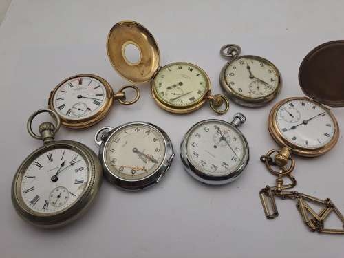 6 x Antique /Vintage Pocket (Not working) watches for repairs or spares -inc. 2 Waltham,Kienzle,Cyma