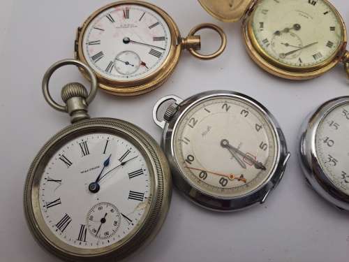 6 x Antique /Vintage Pocket (Not working) watches for repairs or spares -inc. 2 Waltham,Kienzle,Cyma