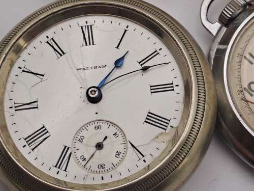 6 x Antique /Vintage Pocket (Not working) watches for repairs or spares -inc. 2 Waltham,Kienzle,Cyma