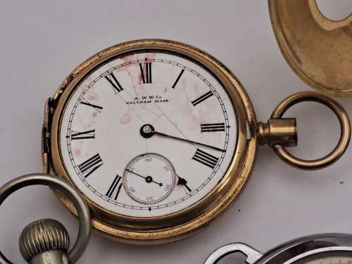 6 x Antique /Vintage Pocket (Not working) watches for repairs or spares -inc. 2 Waltham,Kienzle,Cyma