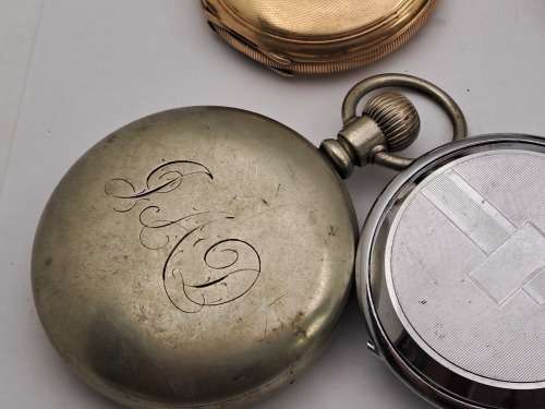 6 x Antique /Vintage Pocket (Not working) watches for repairs or spares -inc. 2 Waltham,Kienzle,Cyma