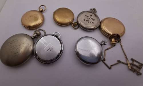 6 x Antique /Vintage Pocket (Not working) watches for repairs or spares -inc. 2 Waltham,Kienzle,Cyma