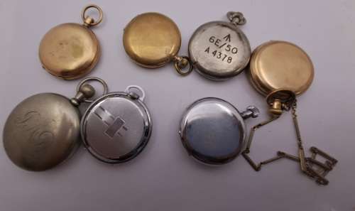 6 x Antique /Vintage Pocket (Not working) watches for repairs or spares -inc. 2 Waltham,Kienzle,Cyma