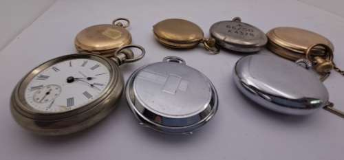 6 x Antique /Vintage Pocket (Not working) watches for repairs or spares -inc. 2 Waltham,Kienzle,Cyma