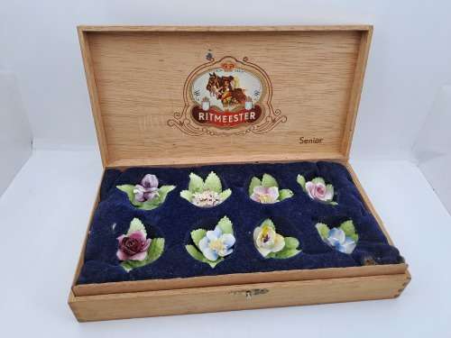 8 Vintage ROYAL ADDERLEY FLORAL bone china porcelain Name card Holders(1 was repaired)in Cigar box