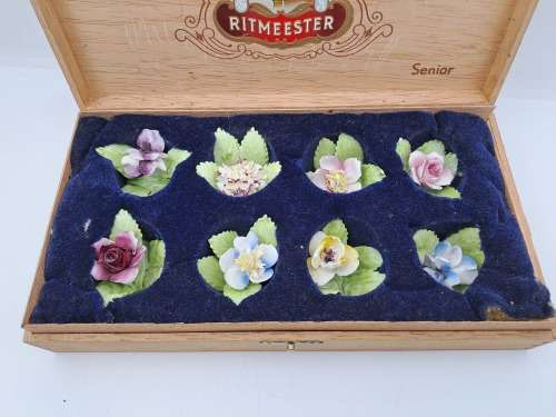 8 Vintage ROYAL ADDERLEY FLORAL bone china porcelain Name card Holders(1 was repaired)in Cigar box