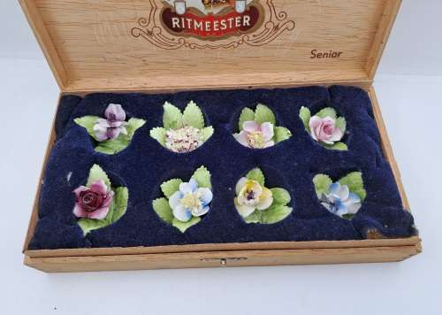 8 Vintage ROYAL ADDERLEY FLORAL bone china porcelain Name card Holders(1 was repaired)in Cigar box