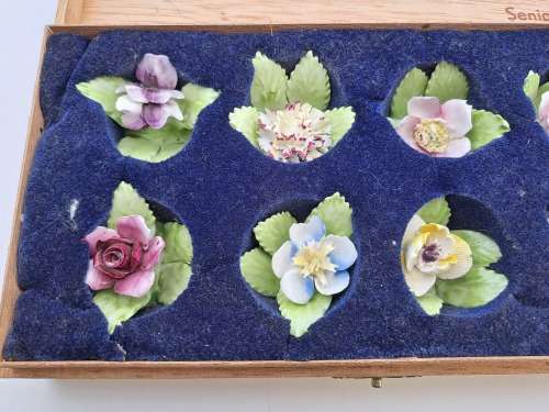 8 Vintage ROYAL ADDERLEY FLORAL bone china porcelain Name card Holders(1 was repaired)in Cigar box