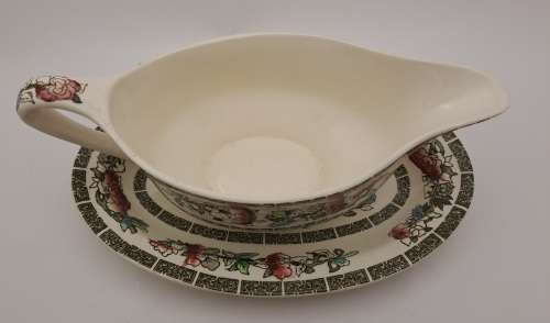 Vintage Johnson Bros `Indian Tree` Gravy Boat with saucer Hand Engraved Ironstone made in England